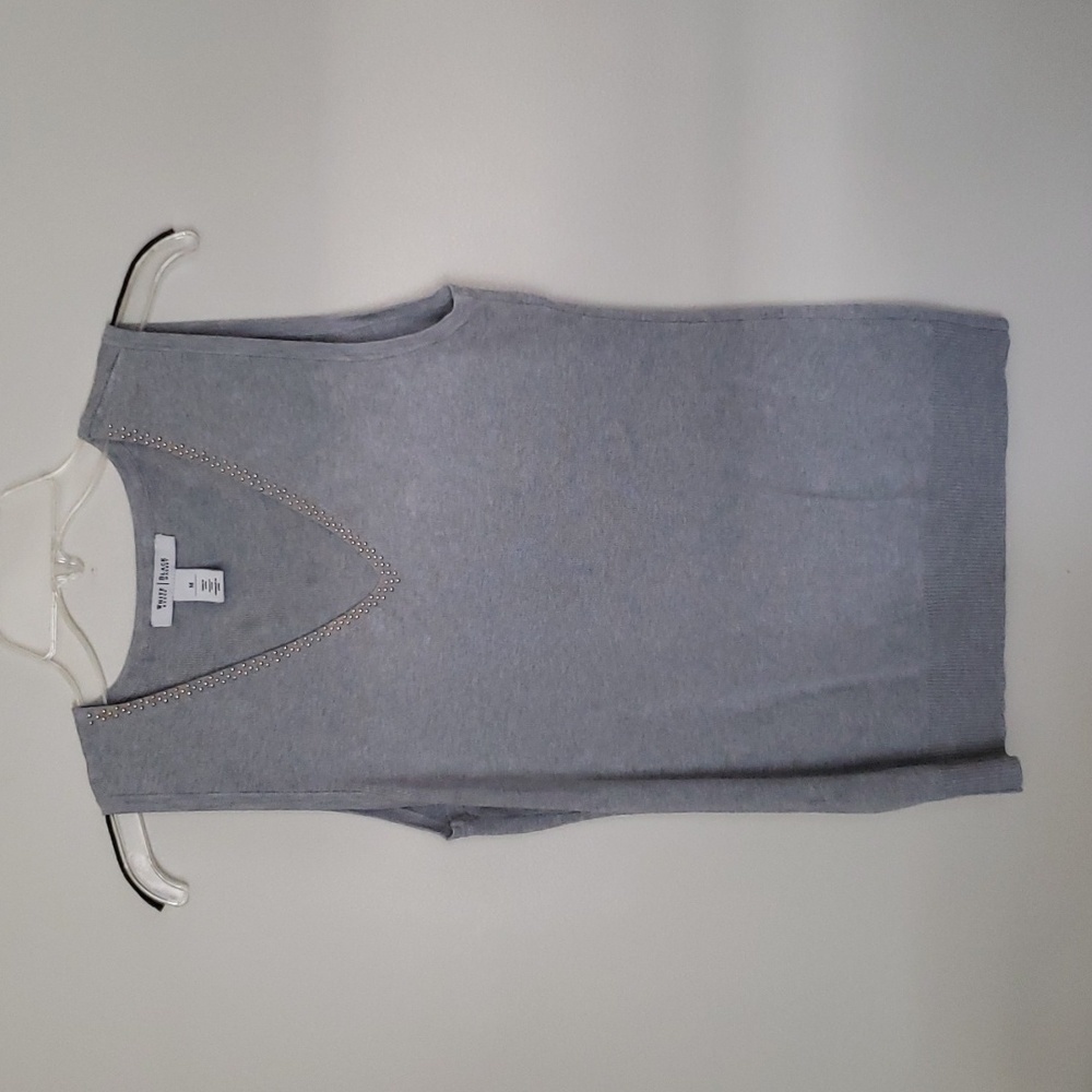 WHBM gray cozy v neck sweater vest with gold studded detail at neck, women's med